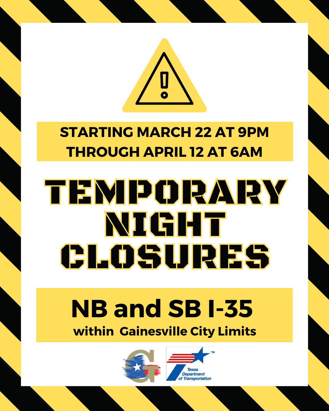 Graphic announcing nightly closures on I-35 between March 22 and April 12